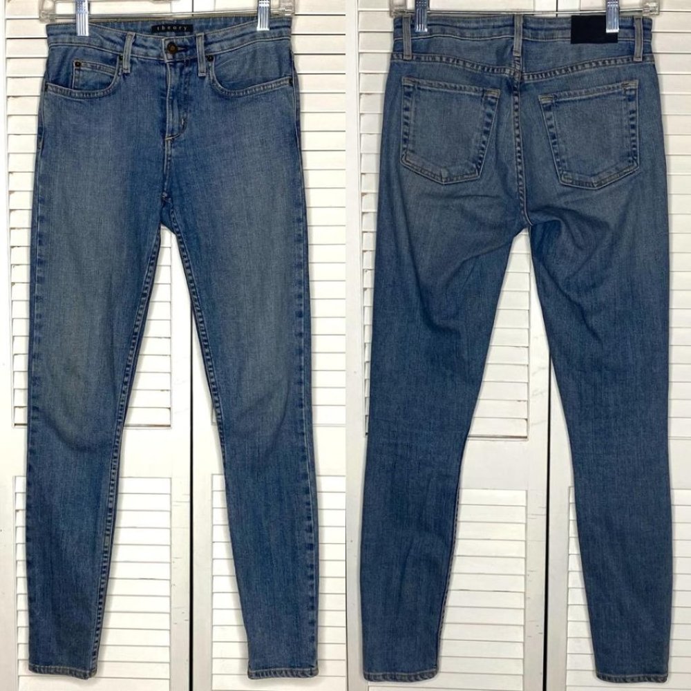 Women's THEORY Billy Medium Blue Skinny Mid-Rise A TERNI Wash Stretch Jeans 25